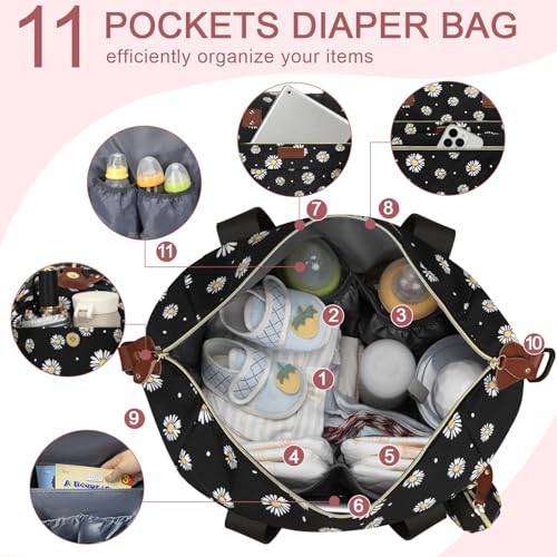 Image of Pritent Diaper Bag Tote - Diaper Baby Bags with Pacifier Case, Shoulder Straps, Stroller Clips, Waterproof Large Mommy Maternity Travel Baby Bag for Mom and Dad, Daisy, Medium