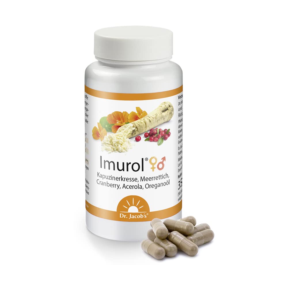 Dr. Jacob's Imurol | Kapuzinerkresse, Meerrettich und Oreganoöl Kapseln | Für Ihr Immunsystem¹ | Bioaktive Senföl-Glucosinolate | Mit Cranberry & Acerola | Gut für Frauen und Männer | 90 Kapseln