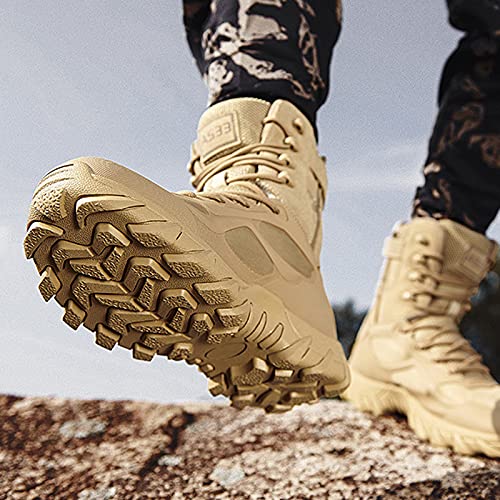 hongrenamz Hiking Boots Men's Waterproof High Top Lightweight Non-Slip Trekking Trail Outdoor Sport Shoes for Adults Sand-EU43/US93