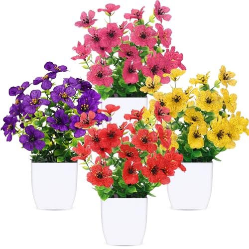 CEWOR Fake Plants 4 Packs Small Faux Potted Flower...