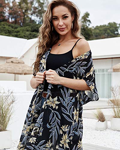 LAMISSCHE Womens Floral Swim Cover Up Casual Loose Beach Kimono Cardigan Tie Dye Tassel Bikini Chiffon Cover Up(Flower-Golden) - Thumbnail 4
