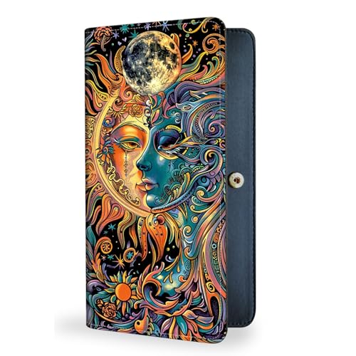 Womens Wallet,RFID Blocking Credit Card Slim Thin Holder,Long Bifold PU Leather Card Organizer,Cash Clutch Billfold Pocket Ladies Minimalist Travel Wallets,Sun and Moon