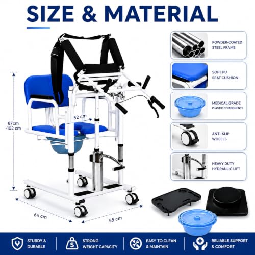 Image of Hydraulic Patient Lift,Transfer wheel chair for Seniors Elders with Height Adjustable 150kg Capacity Portable Shower Chair -Rolling Wheels, Removable Bucket, Fits Indian,Western Toilets
