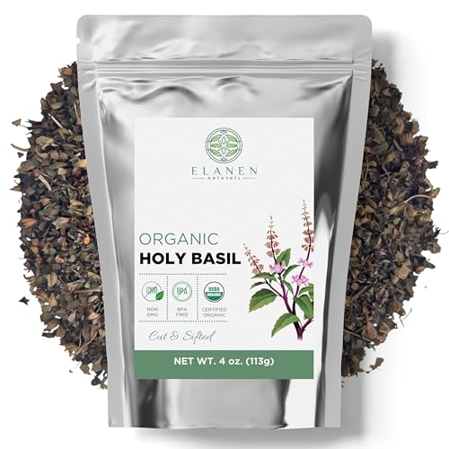 Organic Holy Basil 4 oz (113g) USDA Certified Organic Tulsi Leaves Dried Holy Basil Herb Tea Loose Leaf Cut and Sifted