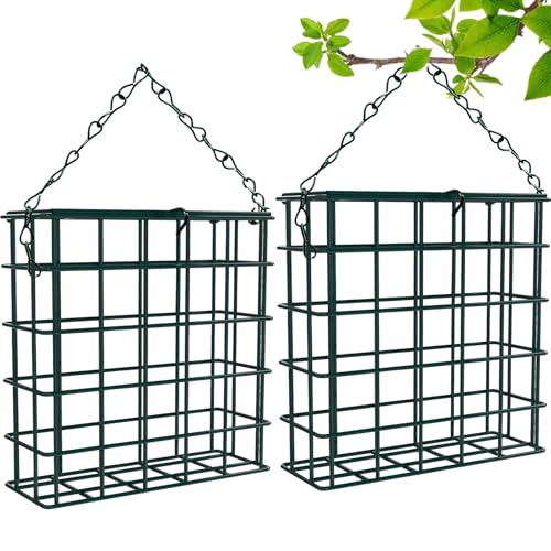 2Pcs Outdoor Suet Cage Bird Feeder, Suet Bird Feeders, Suet Feeder for Outside Hanging, Wild Bird Feeder, Single Suet Cake Capacity, Fruit and Suet Feeder Style for Outside Hanging(Green)