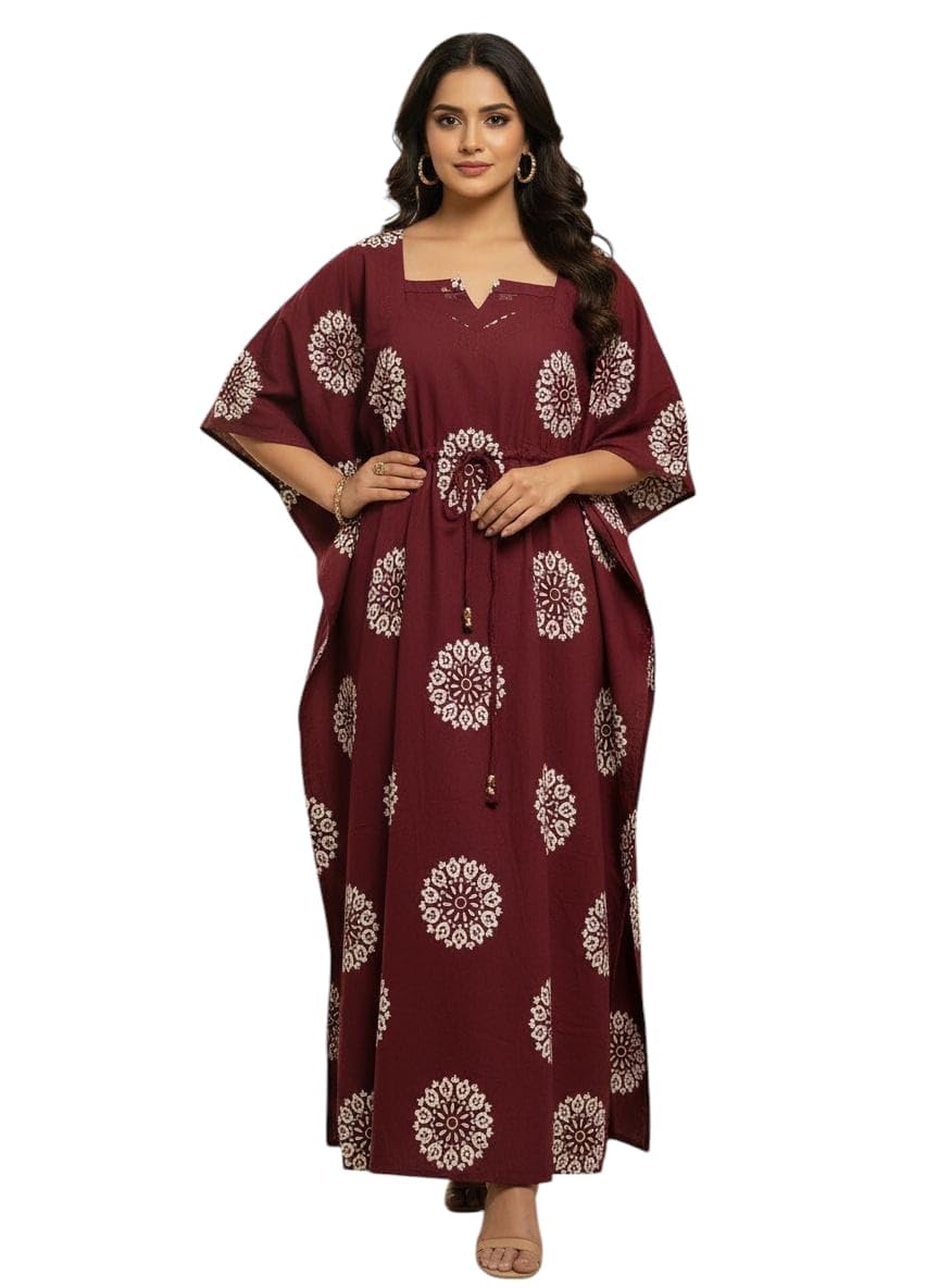 Women's Cotton Printed Kaftan | Free Size Long Kaftan Dress with Adjustable Waist | Comfortable Loungewear, Nightwear & Beachwear | Available in-image-13