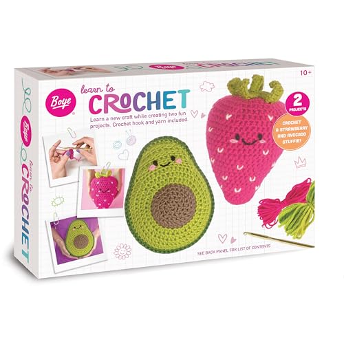 Boye 43-40235 Avocado and Strawberry Stuffie Learn to Crochet Kit for Beginners with 2 Projects, Multicolor, 15 Pieces