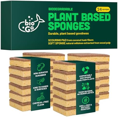 bioGo 24 Pack Biodegradable Kitchen Sponges - Eco-Friendly, Compo...