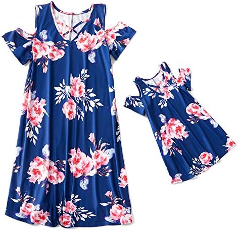 IFFEIMommy and Me Matching Dress Short Sleeve Floral Printed Summer Dress for Mother and Daughter