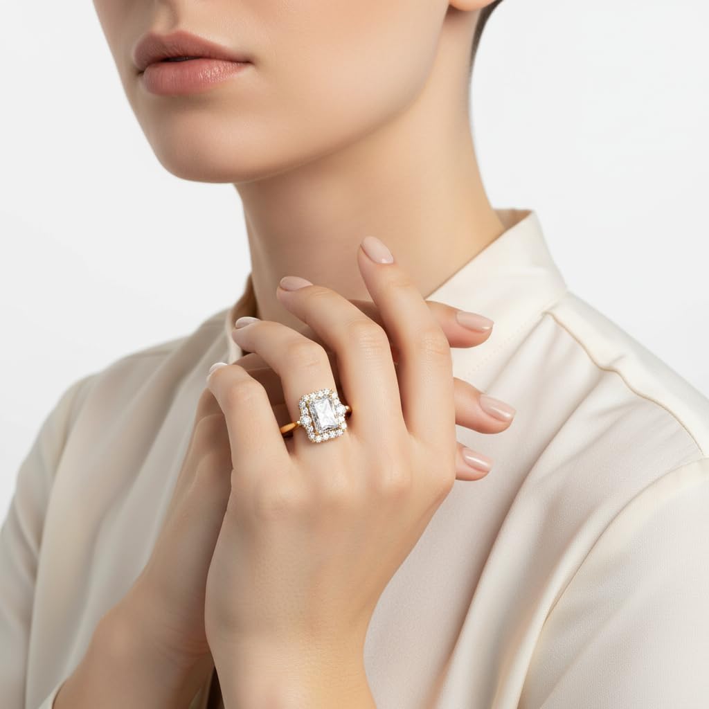 Choose Your Gemstone Halo Radiant Diamond CZ Petite Ring Yellow Gold Plated Radiant Shape Halo Engagement Rings Matching Jewelry Wedding Jewelry Easy to Wear Gifts US Size 4 to 12