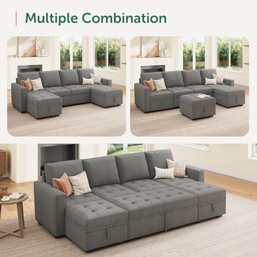 Image of HONBAY Modular Sectional Sleeper Sofa with Pull Out Bed,U Shaped Couch with Storage Seat,Sectional Couches for Living Room,Warm Grey