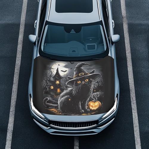 Image of Black Cat Car Hood Cover All Weather Protection Automotive Exterior Accessories Halloween Universal Fit Hood Covers for Cars, Trucks, SUV, or Van Full Coverage