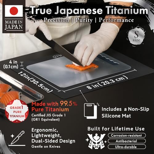 Image of HIBINO Titanium Cutting Board | 99.5% Pure Japanese Titanium | Non-Toxic | Lightweight & Dishwasher Safe | S Size | Made in Japan | With Non-Slip Mat | For Kitchen & Camping Use