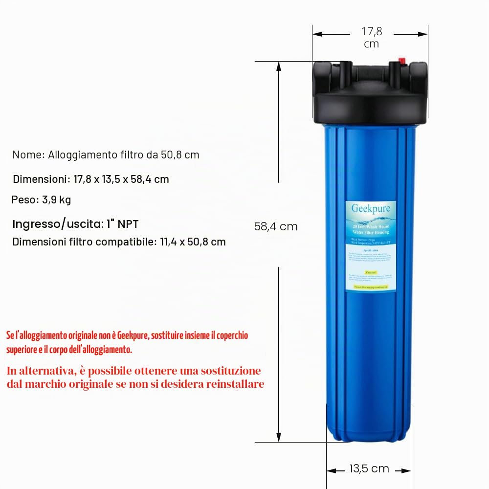 Geekpure Alloggiamento filtro acqua per tutta la casa da 20 pollici Uscita/ingresso da 1 pollice con chiave e staffa -4,5"x 20" - Colore blu