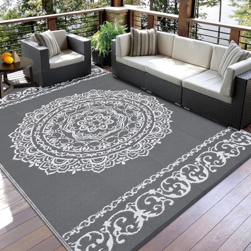 Garvee Waterproof Outdoor Rug 9x12 ft, Reversible Outdoor Plastic Straw Rug, RV Mat, Indoor Outdoor Carpet for Patio, Camping, Balcony, Deck, Backyard, Grey+White