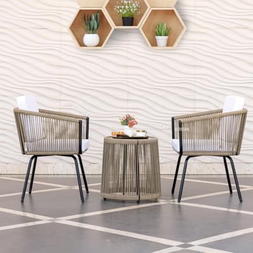 Image of BRISHI Garden Patio Seating Chair and Table Set Outdoor Balcony Garden Coffee Table Set Furniture with 1 Table and 2 Chairs Set with Cushion Braid & Rope (BRISHI 124 Beige)