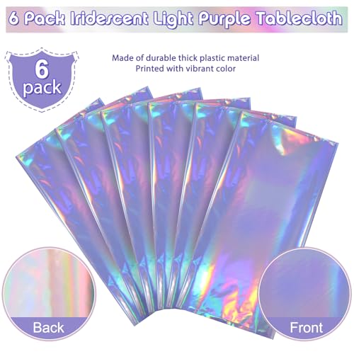 Image of 6 Pack Iridescent Light Purple Tablecloth for Parties, Pastel Purple Holographic Plastic Table Cover, Disposable Laser Purple Table Cloth for Birthday Wedding Baby Shower Party Decorations, 54x108Inch