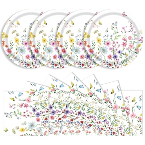 40 Pcs Wildflower Plates and Napkins Party Supplies, Floral Paper Plates Napkins Wildflower Baby Shower Decorations Tableware for Spring Summer Picnic Wedding Birthday Tea Party Serves 20