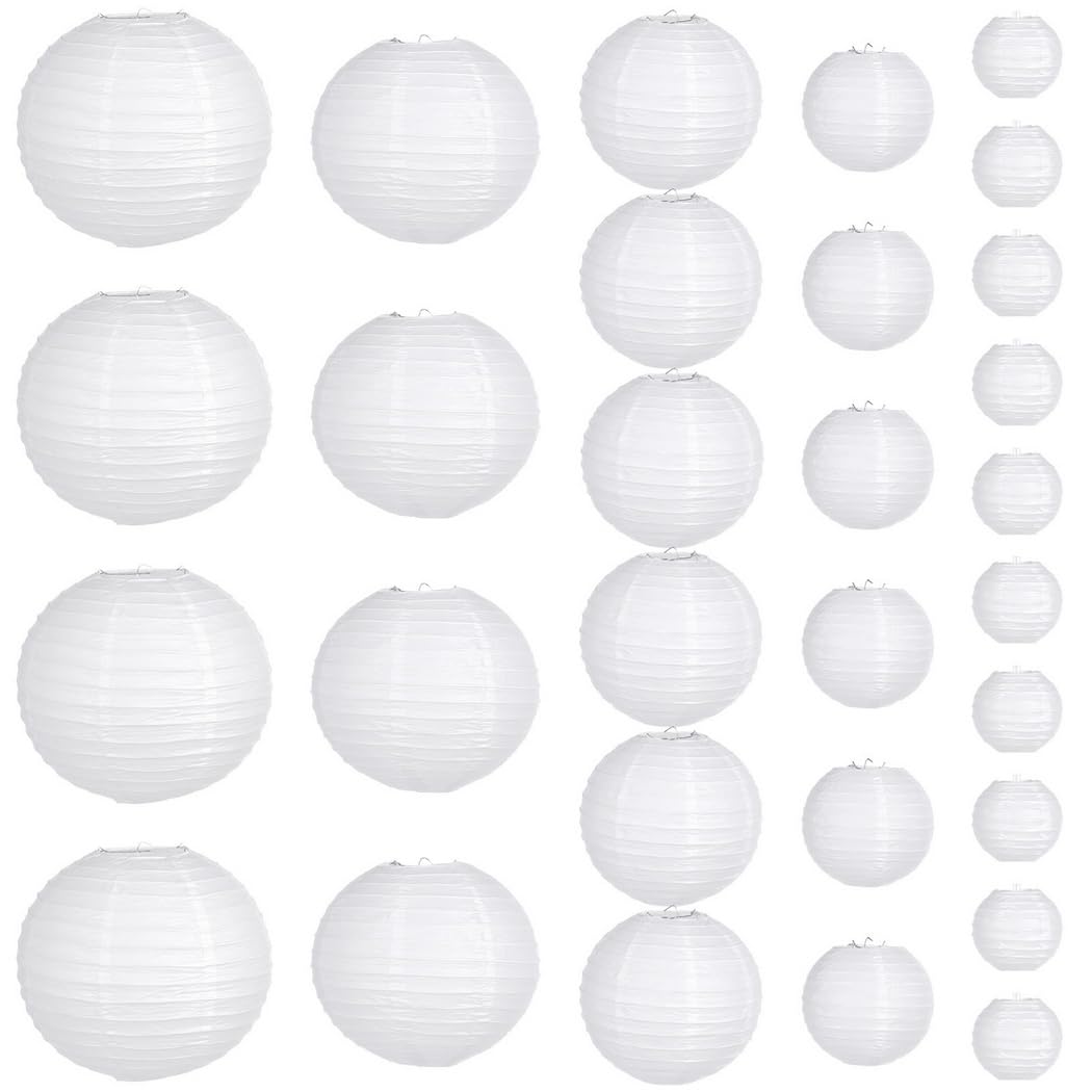 30 faroles de papel blanco, surtidos de 4 en 6 en 8 en 10 en 12 pulgadas, linternas colgantes redondas para interiores y exteriores, linternas compresibles para decoración de cumpleaños, bodas