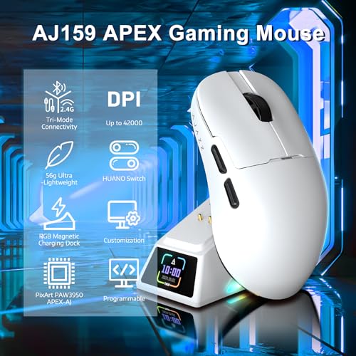 Image of Yindiao AJAZZ AJ159 APEX Wireless Gaming Mouse with Magnetic Charging Base, 56g Lightweight BT /2.4G /USB-C Wired Mouse, PAW3950APEX 42K DPI Optical Sensor, Programmable Buttons for PC /Mac /Win(White)