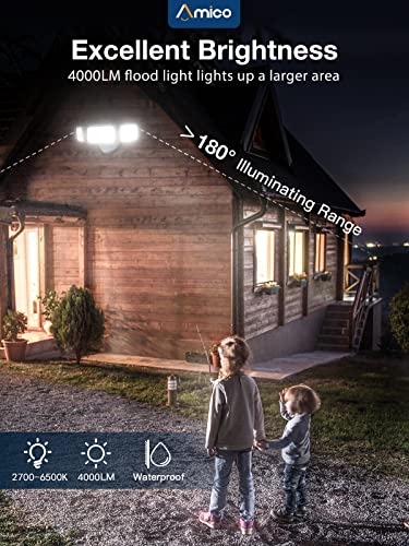Amico 40W Remote Control Led Security Light Outdoor, 4000Lm Bright Security Light With Remote, 2700-6500K With 3 Adjustable Heads, Ip65 Waterproof, Flood Light For Porch, Yard, Entryways (White) #TOP3