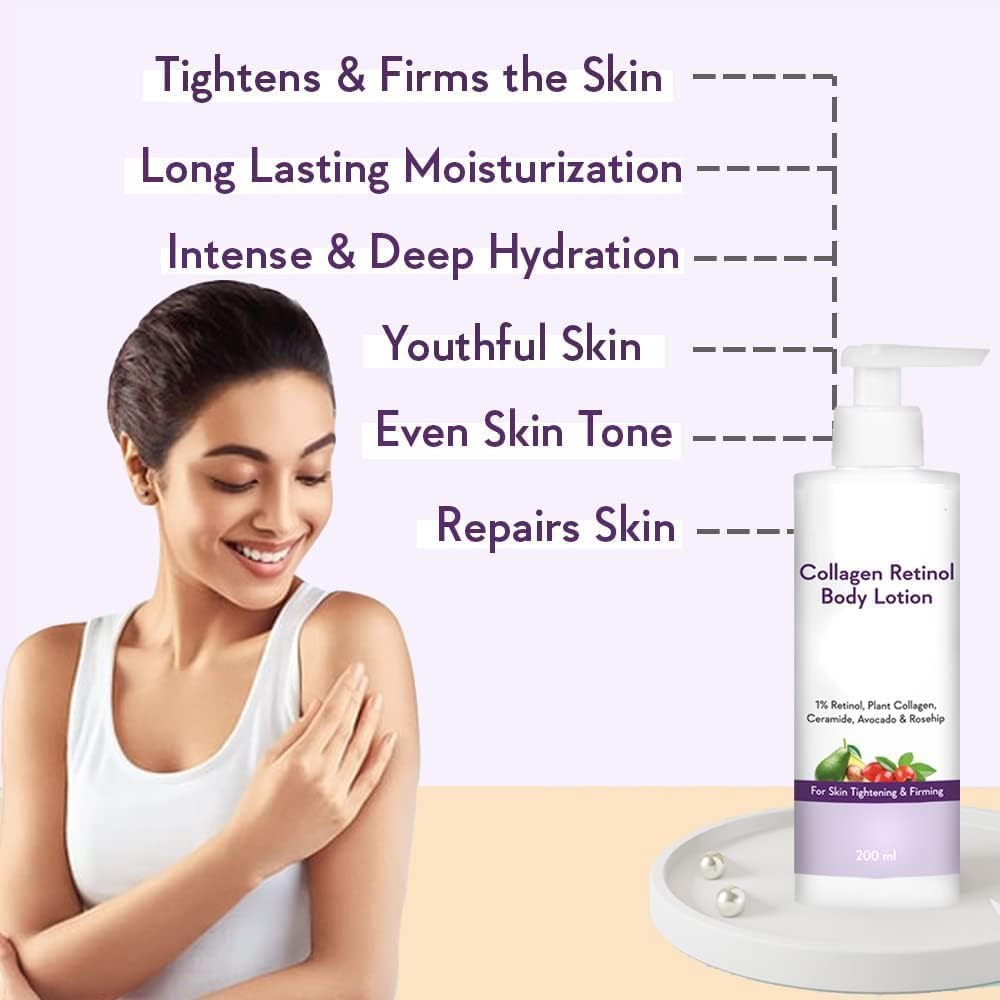 KD Collagen 1% Retinol Body Lotion – For Skin Tightening & Firming – With Niacinamide, Ceramide, Rosehip & Avocado – For Men & Women – 200 Ml