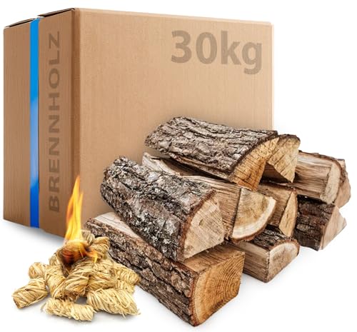 30 kg Eichen Brennholz 30 cm kammergetrocknet mit 15 Kaminanzündern ideal für Kamin Ofen Feuerschale Grill Smoker hoher Brennwert raucharm Lange Brenndauer sofort verwendbar