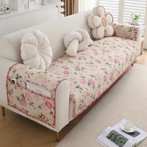 Image of HOKIPO 'HomeHues Series' Printed Quilted Sofa Seat Mat for 1 Seater Sofa with 2 Armrest Covers with Pockets, Beige Peonies (IN-806-D3 + IN-814-D3*2)
