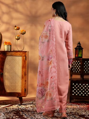 Image of Libas Embroidered Silk Blend Straight Kurta With Trouser and Dupatta