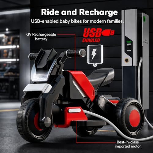 Image of StarAndDaisy Electric Ride-On Bike for Kids, Toddlers & Baby - 3 Wheel Rechargeable 6V Motorcycle with LED Lights, Bluetooth, USB, Foot Acceleration and Comfortable Seat (Red)