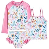 swimsobo Girls Rash Guard for 5 Years Pink Cartoon Unicorn Tie Bathing Suit 3 Piece Long Sleeve Swimsuit with Shorts Sun Protection Swimwear Cute Tankini Sets