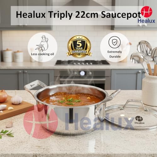 Healux Triply 22cm Sauce Pot with Glass Lid – 4L| Induction Friendly, Oven and Dishwasher Safe | 5 Years Guarantee – Silver | 304 Stainless Steel - Image 2