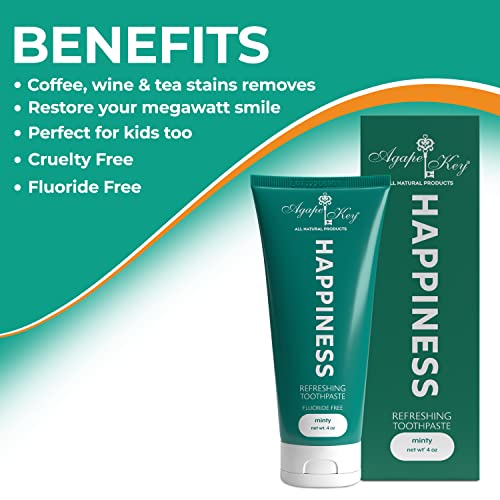 Agape Key Happiness Vegan Whitening Toothpaste For Adults With Charcoal & Bentonite, Natural Toothpaste For Sensitive Teeth, Fluoride Free Tooth Paste For Kids Age 2+ With Peppermint & Spearmint Oil #TOP4