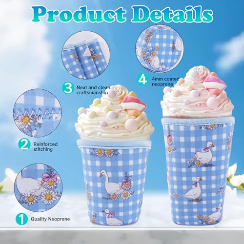 Image of 3 Packs Reusable Iced Coffee Sleeves Blue White Plaid Goose Drink Sleeve