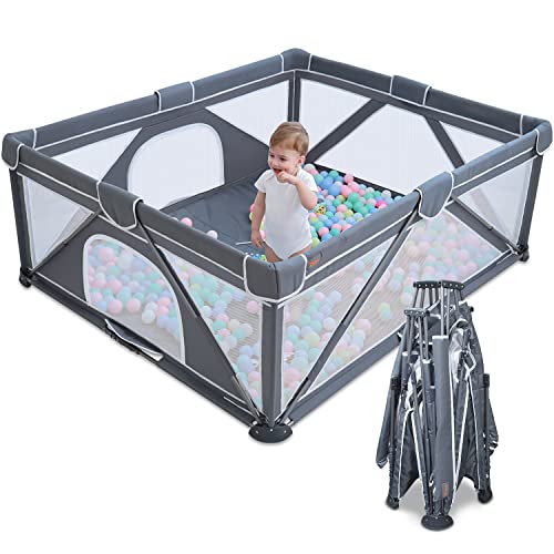 Image of Yobear Foldable Baby Playpen (59 inchx59 inch) - Portable Play Yard for Babies and Toddlers with 50 Ocean Balls, 2 Pull Handles & Carry Bag - Easy Setup Safe Indoor Outdoor Kids Activity Center (Dark Grey)