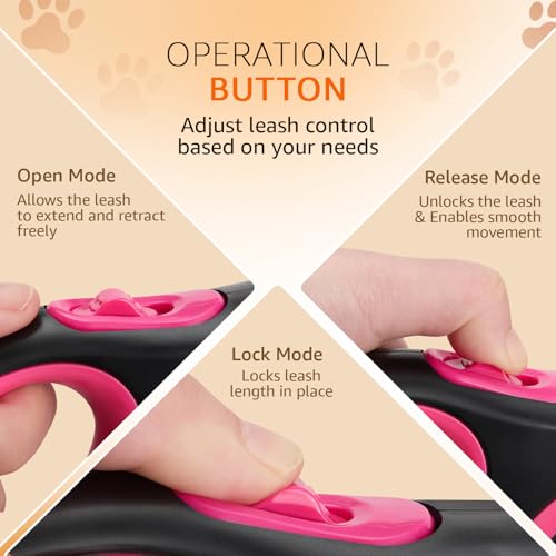 Image of Amazon Basics Retractable Dog Leash | 5 Meter | for Large Dogs Up to 50 Kg | Heavy Duty Leash for Pets | Strong Nylon Tape, Anti-Slip Handle, Built in Spring, One-Click Brake Pause | Pink