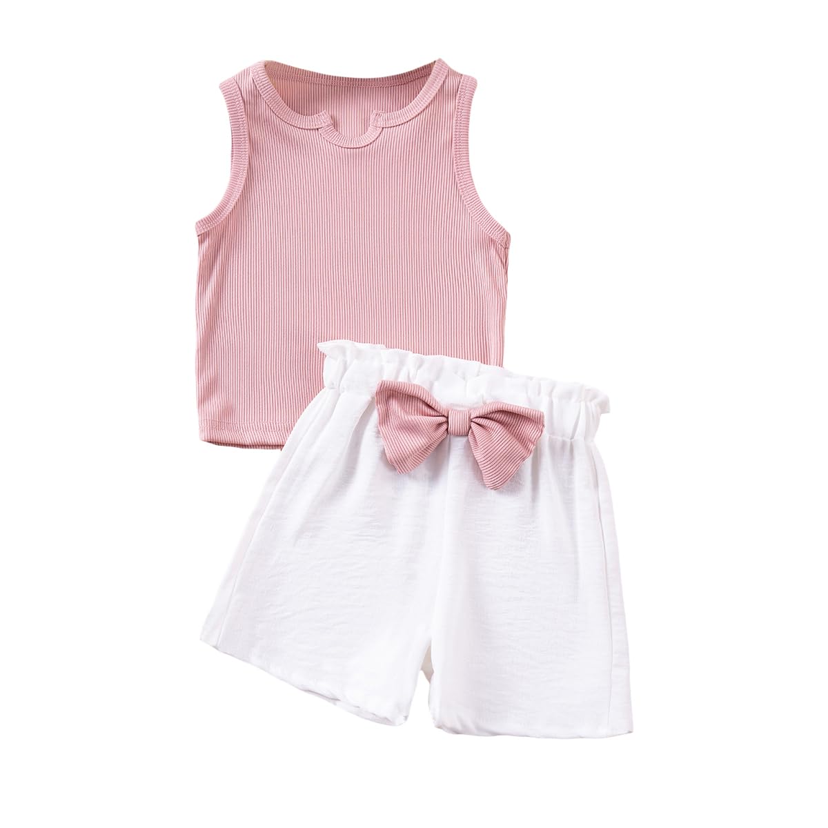 ZAXARRA Baby Girls Summer Outfits Solid Color Notched Neck Tank Tops and Elastic Cute Bow Shorts Set Fashion Cute Clothes (Pink, 5-6 Years)