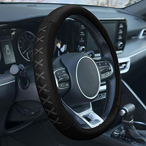 FH Group Universal Fit 15 Inch Genuine Leather with Lace-Up Detailing Steering Wheel Cover fits Most Cars, SUVs Gray