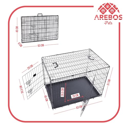 Arebos Hundekäfig 63 x 45 x 51 cm | Hundetransportbox Auto klappbar | Hundebox faltbar | Transportbox Hund mit 2 Türen | Hundekäfig für Zuhause | S Schwarz