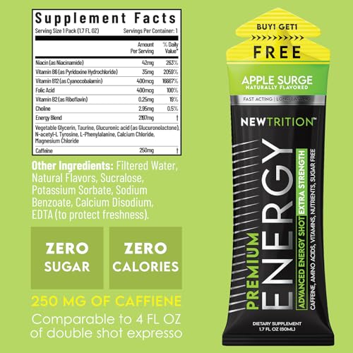 Image of NewTrition Extra Strength Energy Shots 1.7 fl oz - 250mg Caffeine with B Vitamins & Amino Acids, Sugar-Free Zero Calorie Vitamin Energy Drink for Focus & Endurance (Pack of 12, 4 Flavors - Mixed 2)
