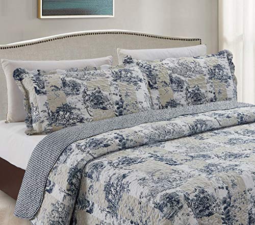 Brilliant Sunshine Blue Toile In Beige And Ivory Patches, 3-Piece Quilt Set With 2 Shams, Reversible Bedspread, Soft Lightweight Coverlet, All-Season, King, Blue #TOP2