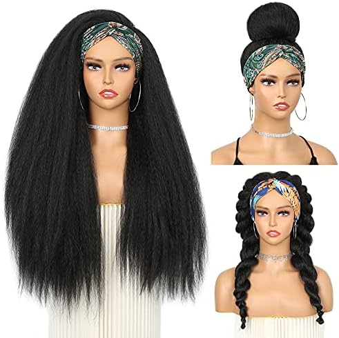 WIGNEE Kinky Straight Headband Wig for Black Women 26 Inch Black