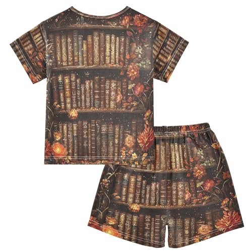 ALAZA Bookworm Bookshelf Floral Pajamas Set Short Sleeve Cotton Sleepwear Summer Pjs 2 Piece 5-14Y2