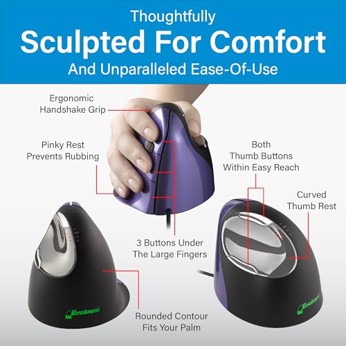 Image of Evoluent - Inventor of The Vertical Mouse - VM4S Ergonomic Vertical Mouse Right Hand Small Wired USB, Sculpted for Comfort, Reduces Wrist Strain, 4 Speeds, 6 Customizable Buttons in Windows
