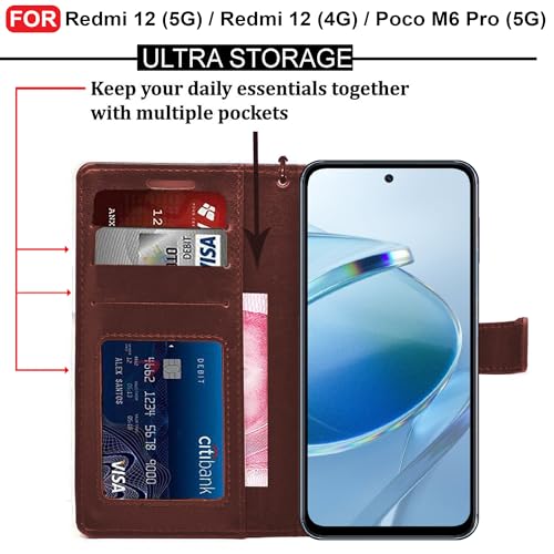 Image of CEDO Flip Cover for Redmi 12 (5G) / Redmi 12 (4G) / Poco M6 Pro (5G) | Leather Finish | Inside Pockets & Inbuilt Stand | Shockproof Wallet Style Magnetic Closure Back Case Flipcover (Brown)