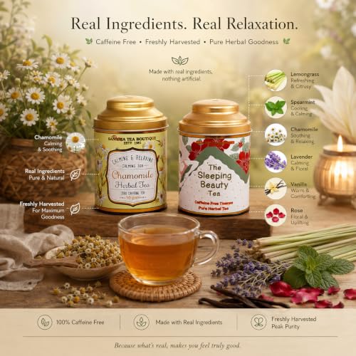 Image of Sancha Tea Boutique, Tea Combo Pack: Chamomile Herbal (50g) & Sleeping Beauty (30g), Caffeine Free Tisane, Best Sleep /Bedtime Teas