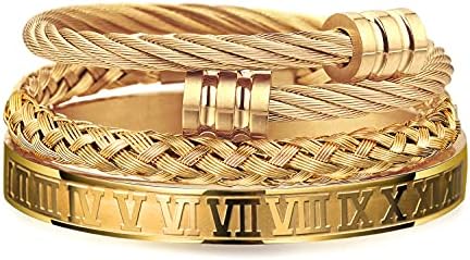 WFYOU 3PCS Stainless Steel Bracelets for Men Gold Roman Numeral Bangle Bracelet Twisted Cable Bracelet Adjustable Cuff Bracelet Mens Luxury Jewelry Bracelets Gifts