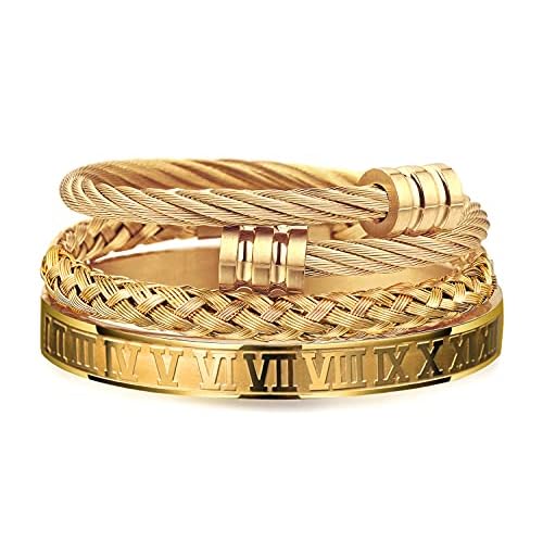 WFYOU 3PCS Stainless Steel Bracelets for Men Gold Roman Numeral Bangle Bracelet Twisted Cable Bracelet Adjustable Cuff Bracelet Mens Luxury Jewelry Bracelets Gifts