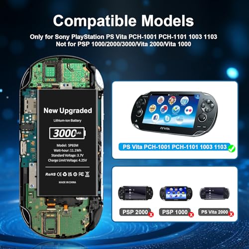Image of SP65M Battery for PlayStation Vita, 3000mAh Inner Battery Replacement for PS Vita PCH-1001 PCH-1101 1003 1103 PSV Games with Repair Tool Kit (Not for PS Vita PCH-2000)