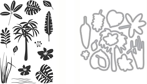 Las siluetas de follaje tropical incluyen una hoja de Monstera, palmera, hoja de plátano y flores de Julie Ebersole, Essentials by Ellen Stamp & Die